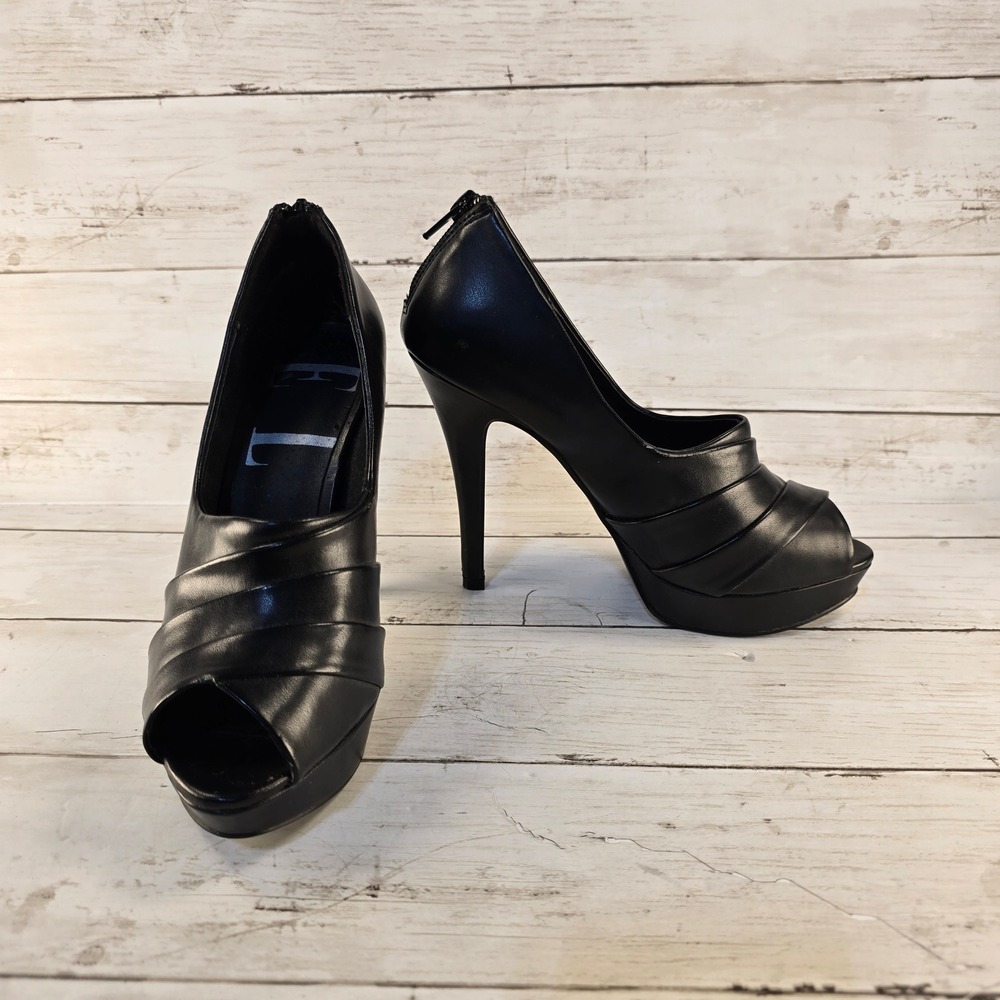Y2K Elle Genevie Black Peep Toe Platform Pumps Heels Rear Zip Womens 6 Med